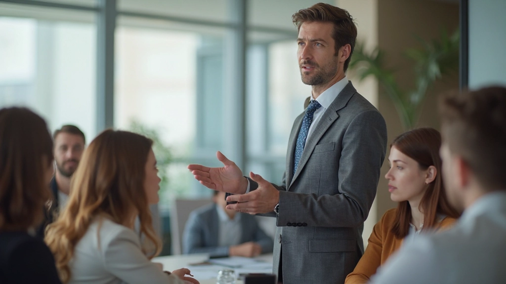 Профессионал проводит сессию обучения с группой слушателей в современном офисе