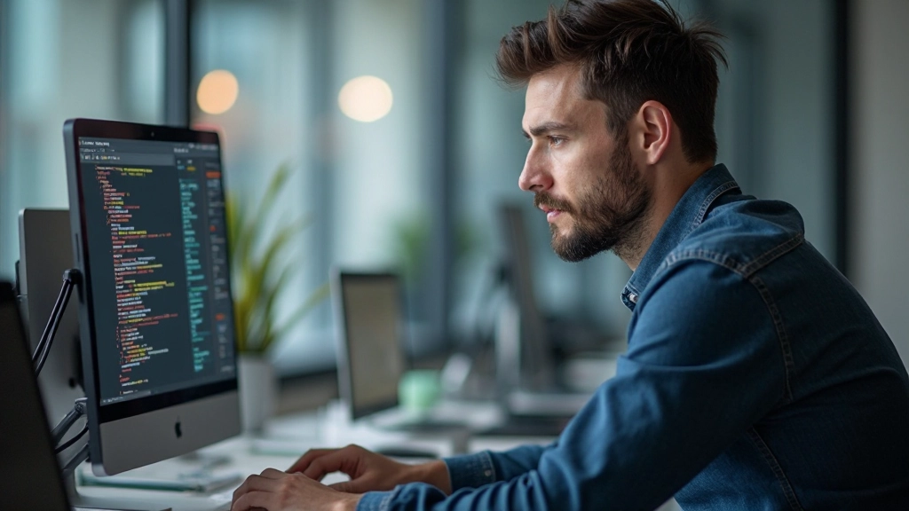 Экран компьютера с кодом на языке Python, светлое окружение в офисе