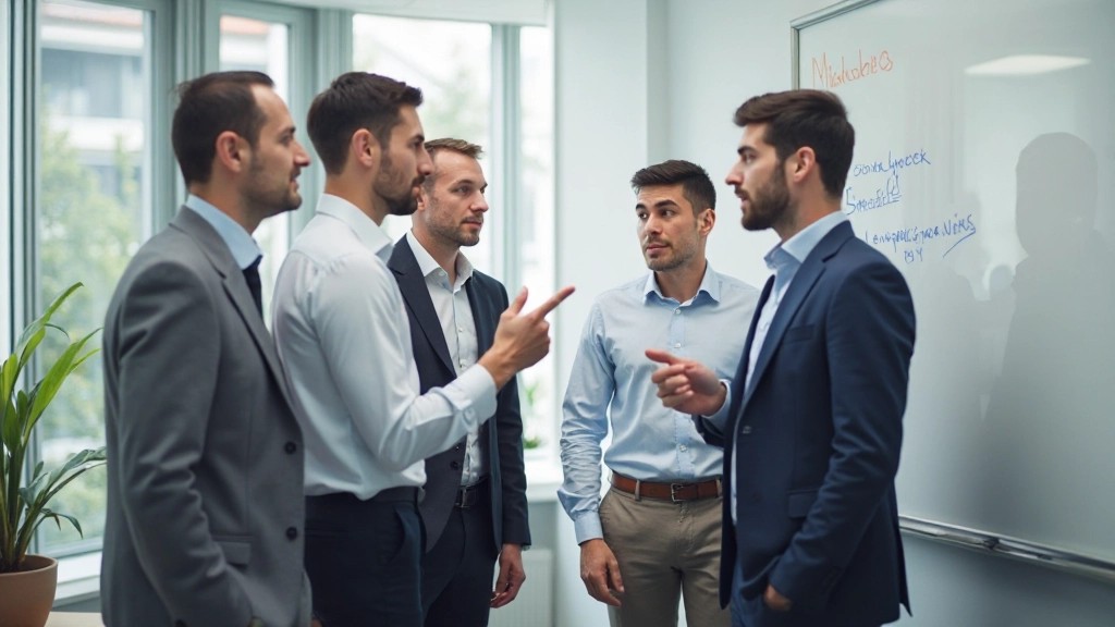 Команда разработчиков обсуждает проект у доски в современном офисе с открытой планировкой