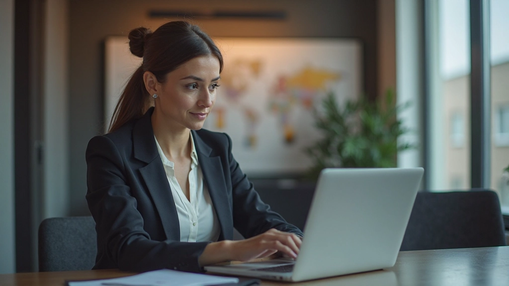 Женщина средних лет в профессиональной одежде работает над проектом за столом, портрет, сосредоточенное выражение лица, офисное окружение