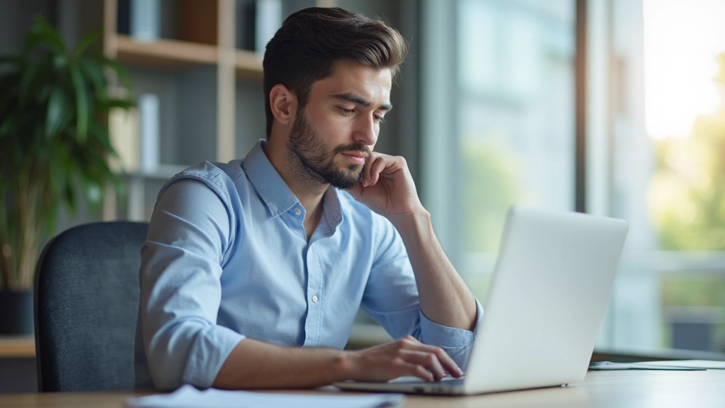 Молодой специалист работает за ноутбуком в современном офисном пространстве, сосредоточенный взгляд, естественное освещение от окна