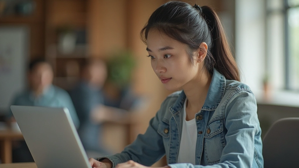 Молодая женщина разработчик изучает код на ноутбуке в современном офисе, сосредоточенное выражение лица